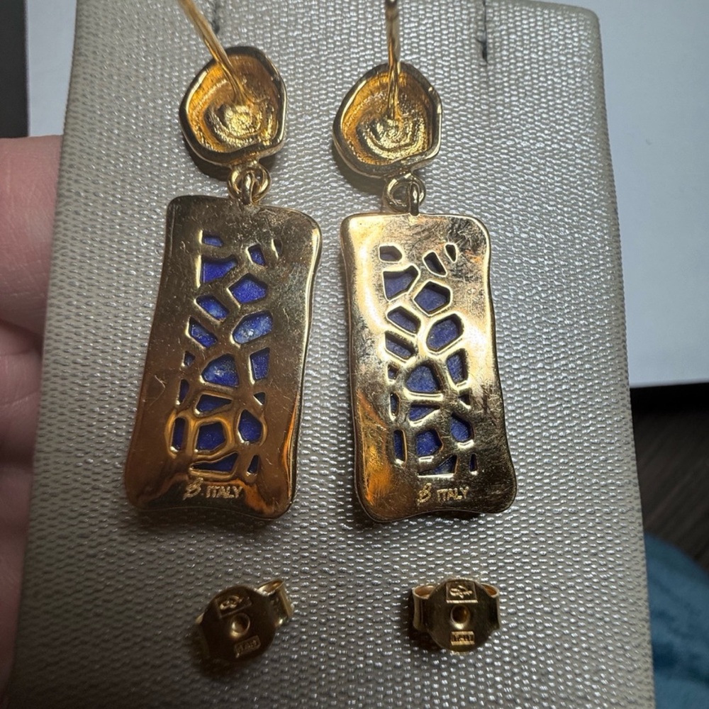 B Italy Blue Stone Rectangular Drop Earrings 1.25” - image 2